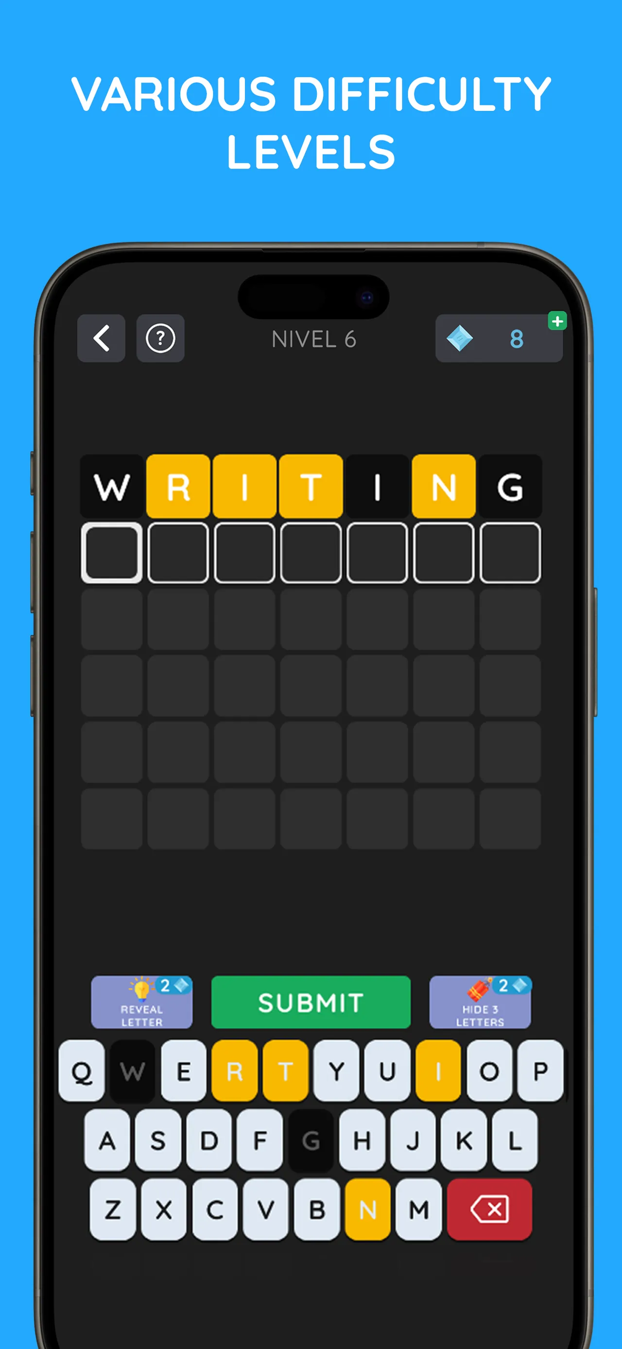 A seven-letter Wordly puzzle with the first guess WRITING scored