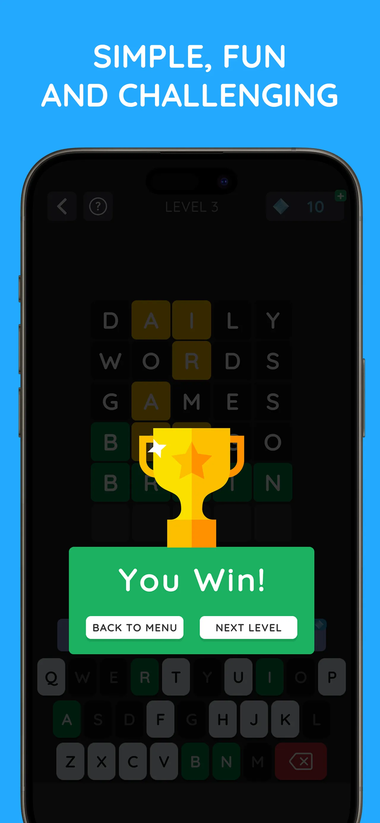 Wordly win screen with a trophy over a solved board