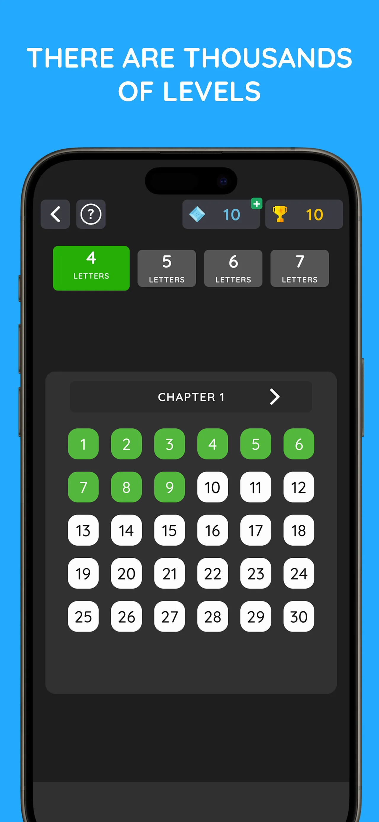Wordly level select with tabs for 4, 5, 6 and 7 letters and numbered levels