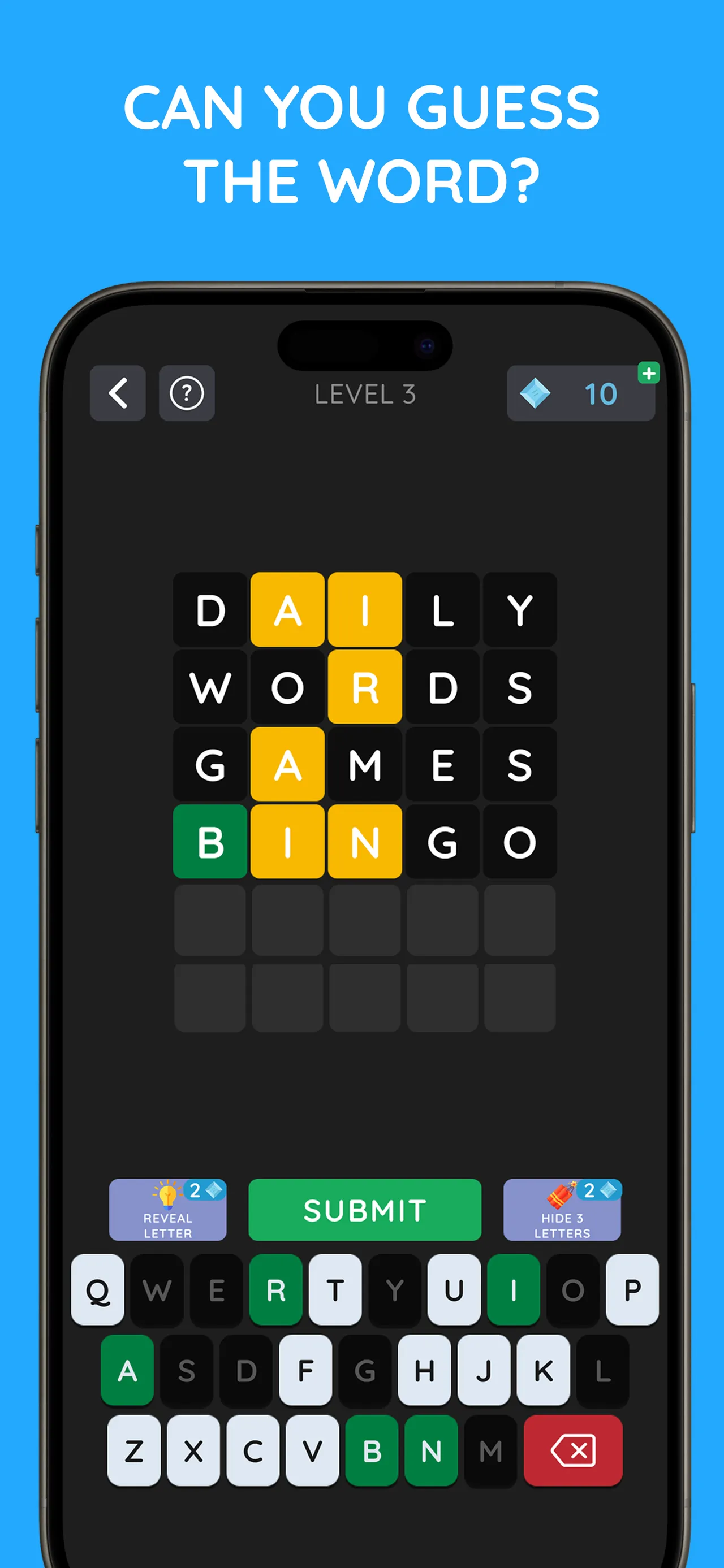 Wordly board with four five-letter guesses coloured green, yellow and grey above the keyboard