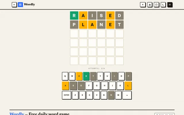 Wordly board mid-game: guesses RAISED and PLANET coloured green, yellow and grey on a six-by-six grid, 2 of 6 attempts, keyboard below