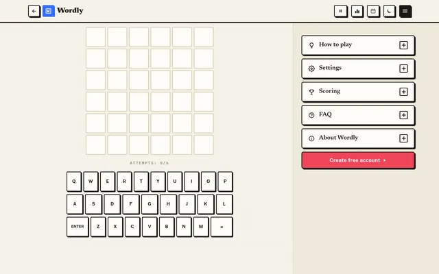 Wordly on Greatest Games: an empty six-by-six guess grid for the day's six-letter word, 0 of 6 attempts, above an on-screen keyboard