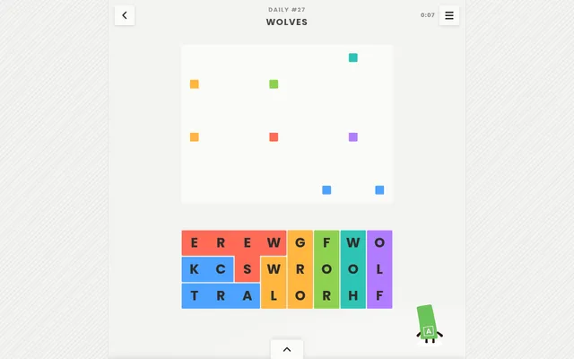 Wordminos Daily #27, Wolves, on 27 October 2026 at desktop size: an empty board with coloured markers above the day's letter pieces, a timer at the top