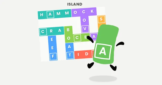 Wordminos share art: a finished Island-themed board with HAMMOCK, CRAB, BEEF and OCEAN spelled in coloured letter pieces, beside the game's green letter-piece mascot