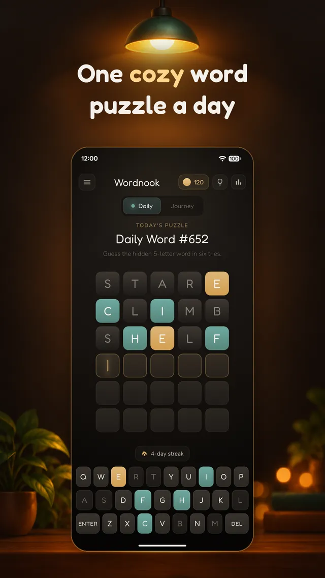 Wordnook's Daily Word #652 in progress: three guesses with teal and gold tiles on a dark board, a 4-day streak and the keyboard below