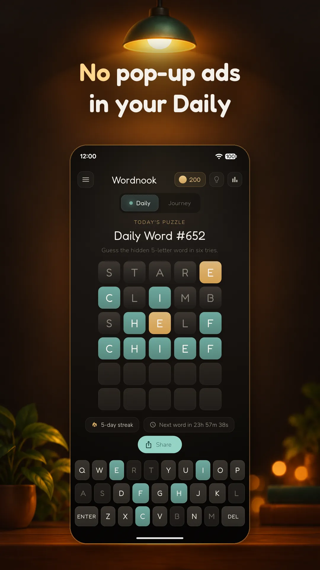 A solved Wordnook Daily Word, CHIEF in four guesses, with a 5-day streak, the countdown to the next word and a Share button