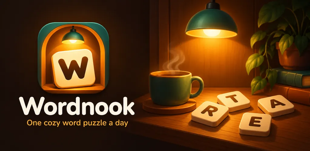 Wordnook's Google Play banner: the game's W tile icon under a lamp and letter tiles on a wooden desk