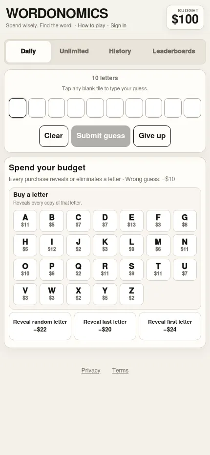 Wordonomics at phone size: the day's ten blank tiles, a $100 budget and the priced A to Z letter market with three reveal buttons