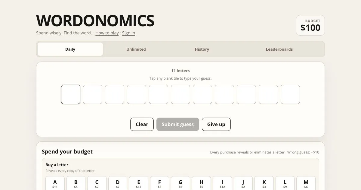 Wordonomics daily round: eleven blank tiles, a 100 dollar budget, and the letter market with a price under each letter