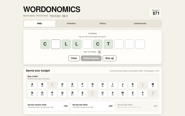 Wordonomics daily for 29 October 2026 on a desktop: ten tiles with C, L, L, C and T bought, Z marked not in the word, $71 budget left and the letter market below
