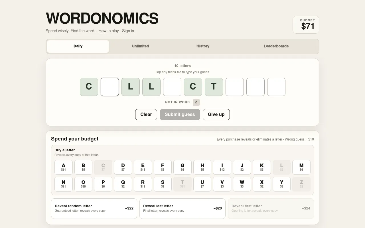 Wordonomics daily for 29 October 2026 on a desktop: ten tiles with C, L, L, C and T bought, Z marked not in the word, $71 budget left and the letter market below