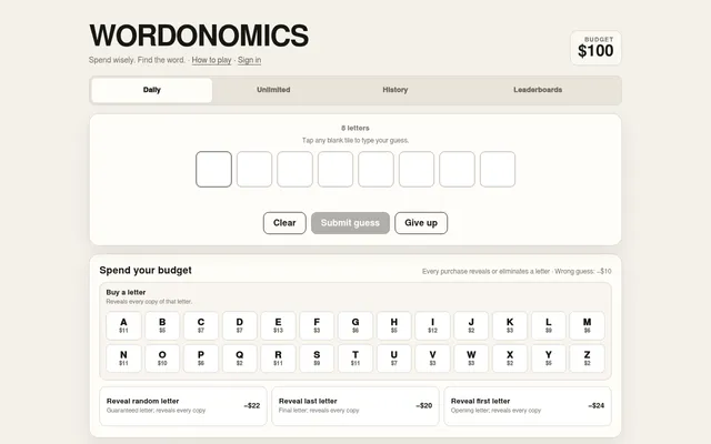 Wordonomics daily round: eight blank tiles, a 100 dollar budget, and the letter market with a price under each letter A to Z and three reveal options
