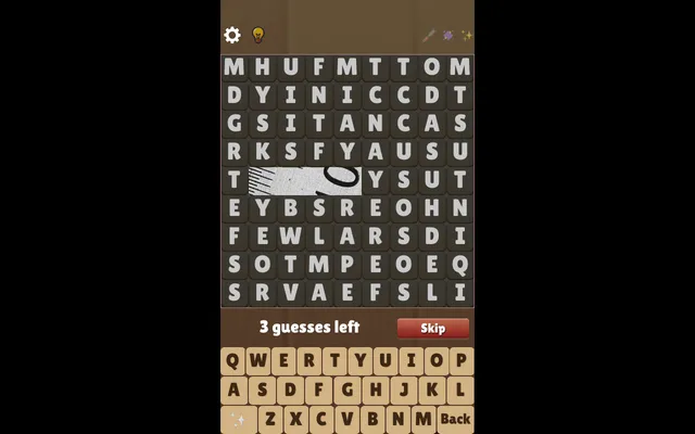 Today's Wordpeek puzzle in the browser: a 9x9 letter grid with the word BALE cleared, showing a strip of the hidden picture, with 3 guesses left and the guess keyboard below