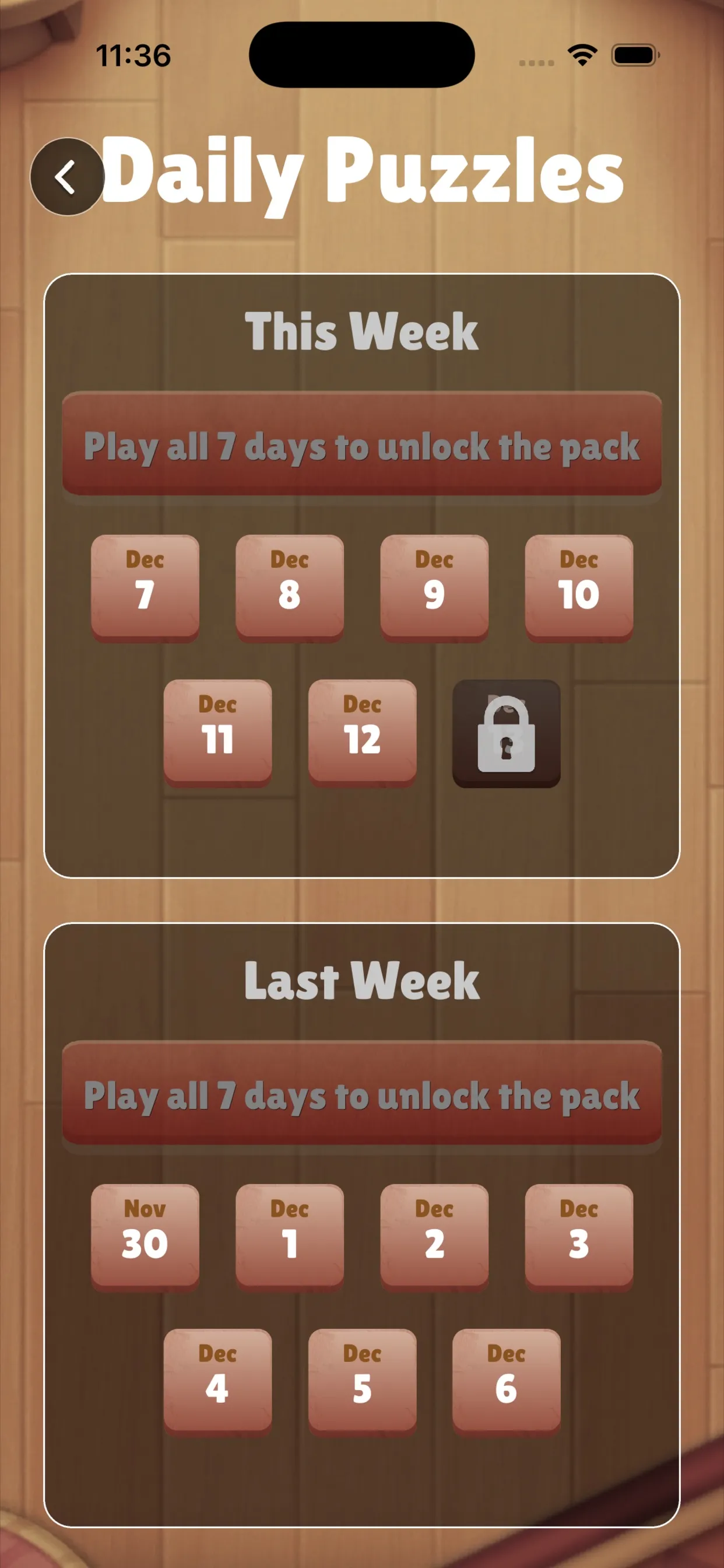 Wordpeek's Daily Puzzles screen in the app: dated tiles for each day of this week and last week, with Play all 7 days to unlock the pack