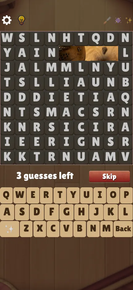 Today's Wordpeek board at phone size in the browser, with SANE cleared from the second row, the guesses counter, a Skip button and the keyboard