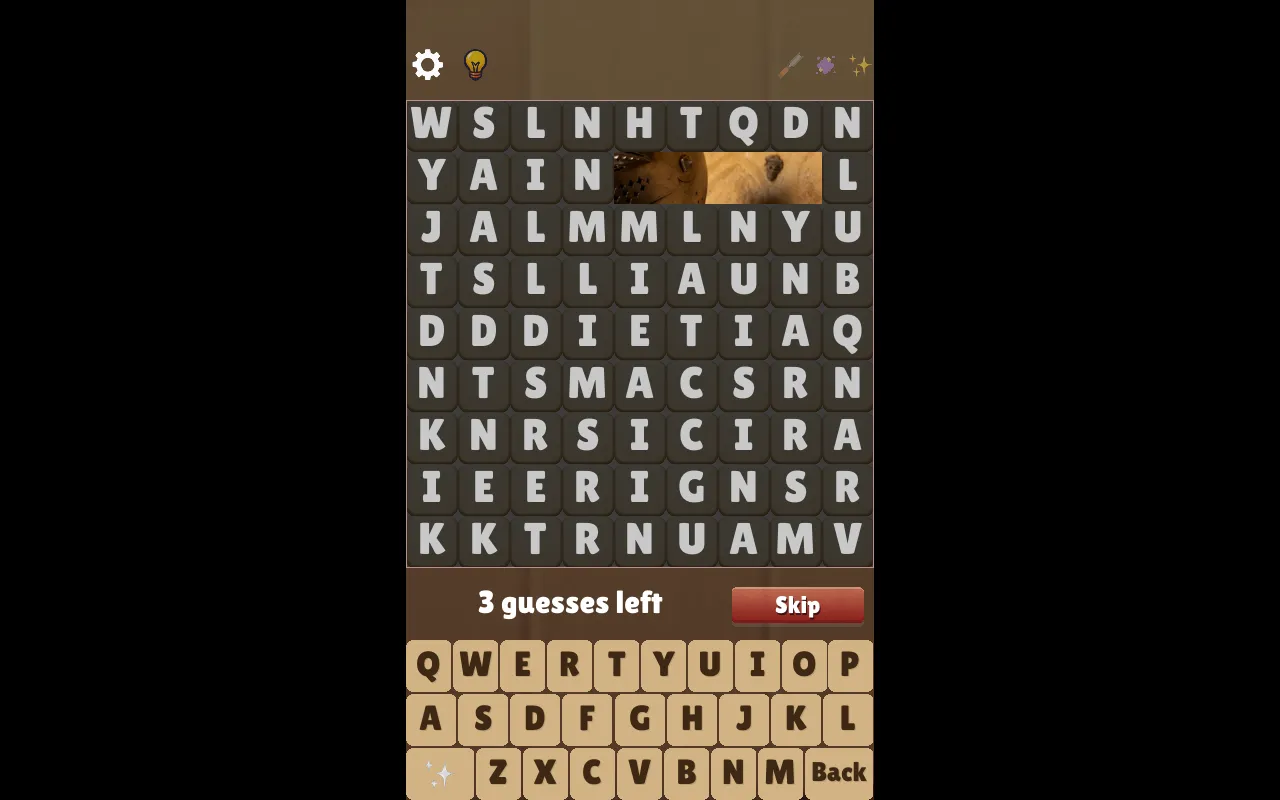 Today's Wordpeek board (28 October 2026) in the browser: a 9x9 letter grid with the word SANE cleared to show a strip of the hidden picture, 3 guesses left and the guess keyboard below