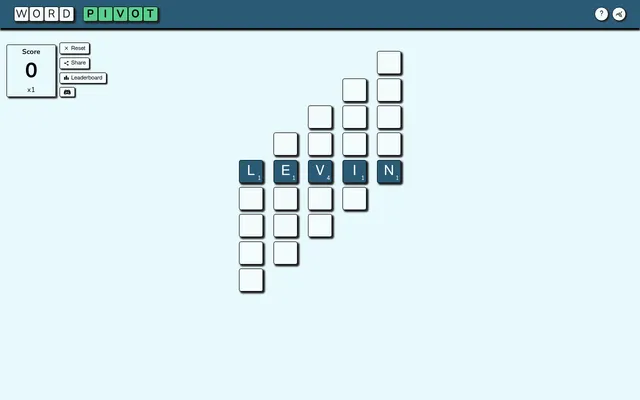 WordPivot board with the day's pivot word LEVIN across the middle and empty column tiles above and below, score panel on the left