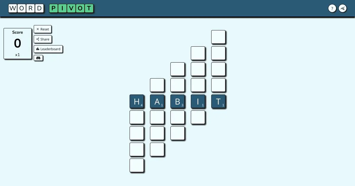 WordPivot board with the day's Pivot Word HABIT across the middle and empty column tiles above and below, score panel on the left