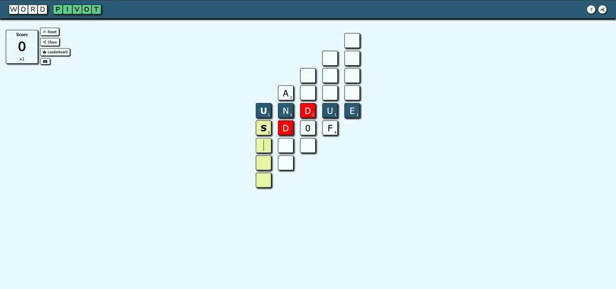 WordPivot board with the Pivot Word UNDUE across the middle, column words being typed through it, one clashing letter in red, and the score panel on the left