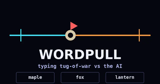 Wordpull: a rope with a knot and flag between a blue and an orange line, above three word cards reading maple, fox and lantern