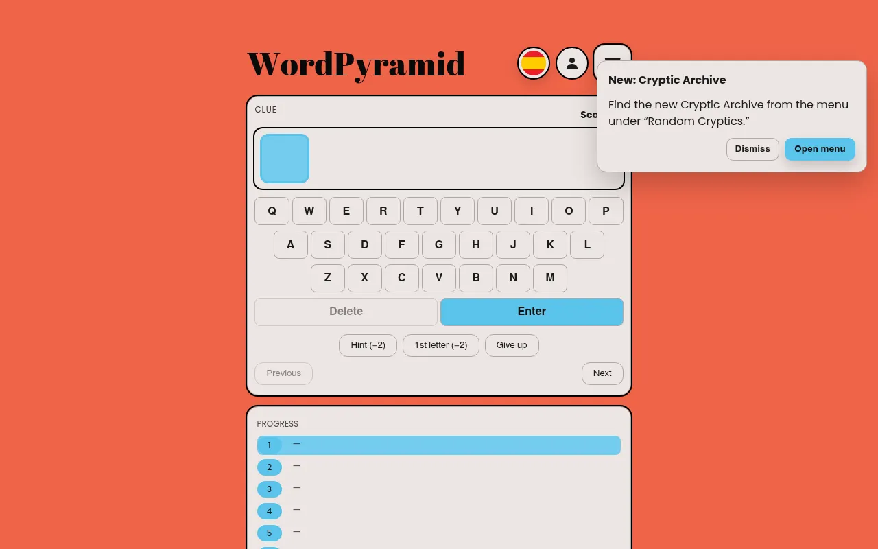 The WordPyramid board: a clue panel with a score, an on-screen keyboard, Hint, 1st letter and Give up buttons, and a progress list of the pyramid's levels