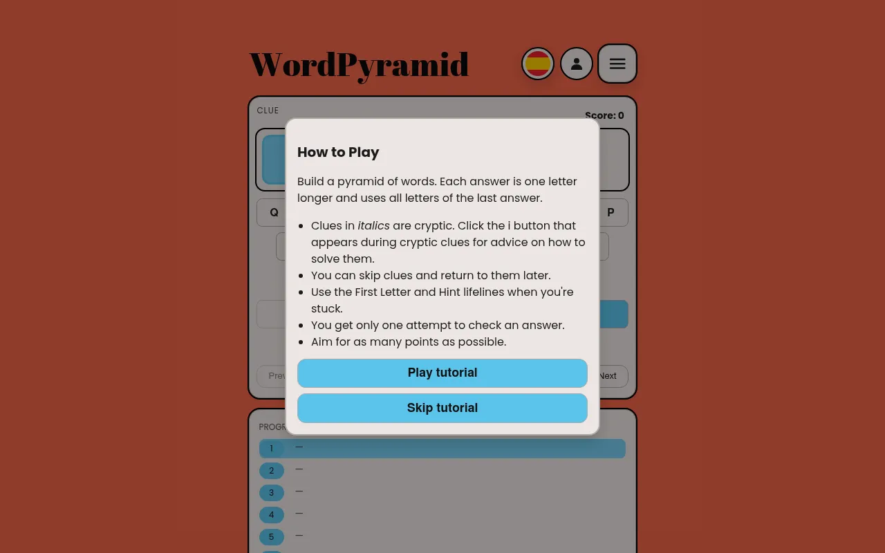 WordPyramid's How to Play: build a pyramid of words, each answer one letter longer and using all letters of the last, with notes on cryptic clues and lifelines