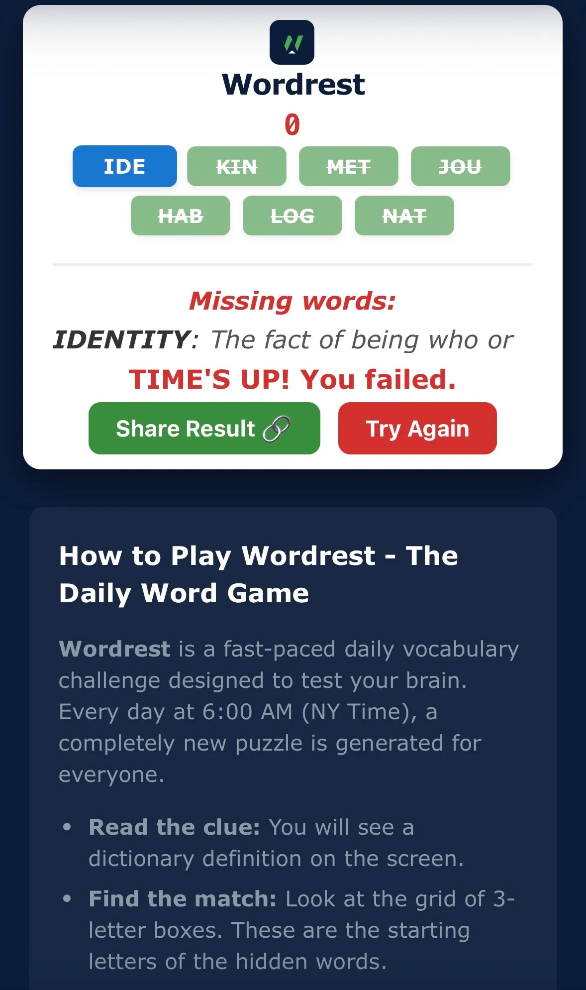 Wordrest time up screen listing the missing word IDENTITY with its definition, Share Result and Try Again buttons, above the how to play text