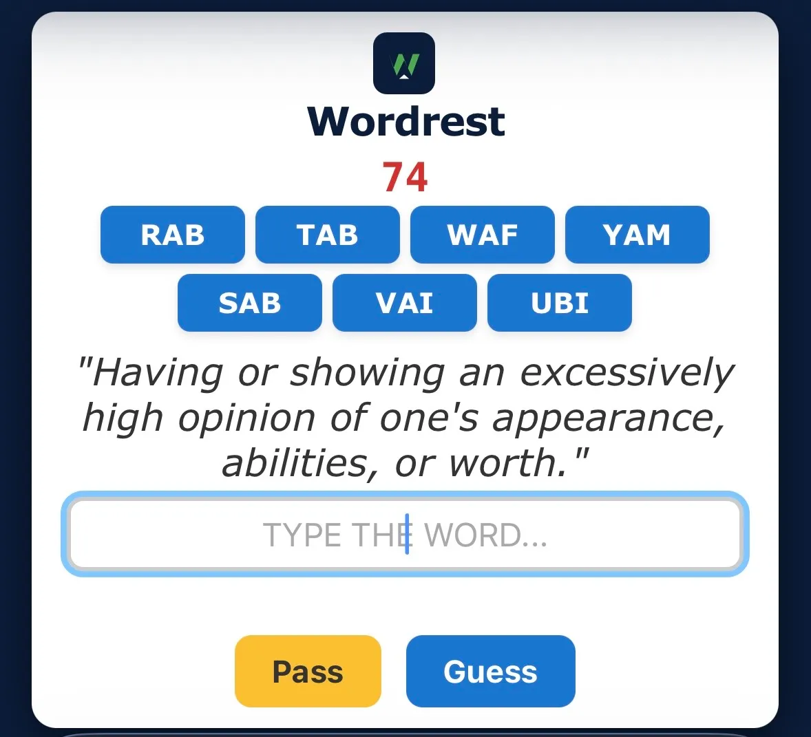 Wordrest at the start of a round: 74 seconds, seven three-letter starts and a definition to solve