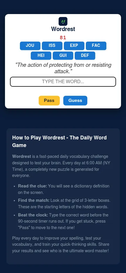 Wordrest on a phone: the seven three-letter starts in two rows, a definition, the word box and the Pass and Guess buttons