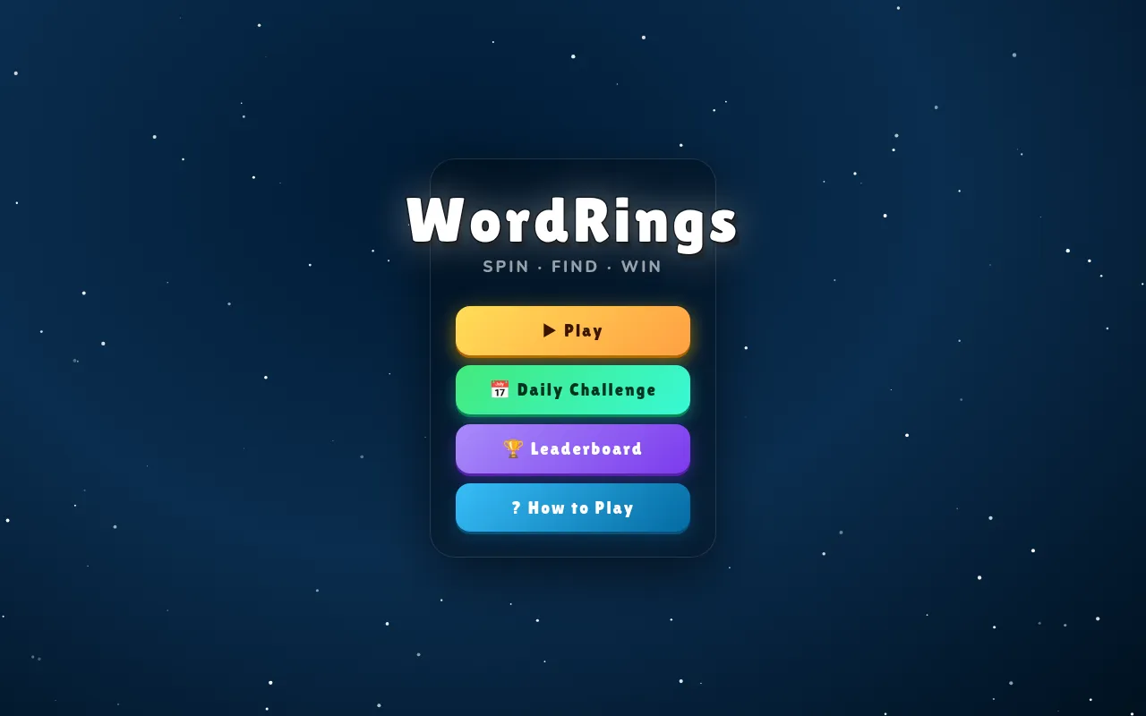 WordRings main menu with Play, Daily Challenge, Leaderboard and How to Play buttons