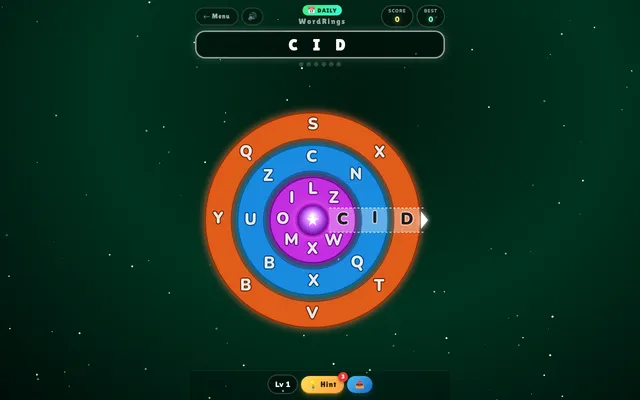 WordRings Daily Challenge board: three coloured letter rings around a star, with C, I and D lined up in the reading slot
