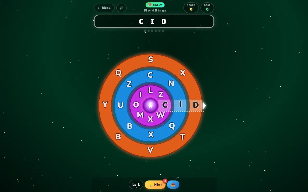 WordRings Daily Challenge board: three coloured letter rings around a star, with C, I and D lined up in the reading slot