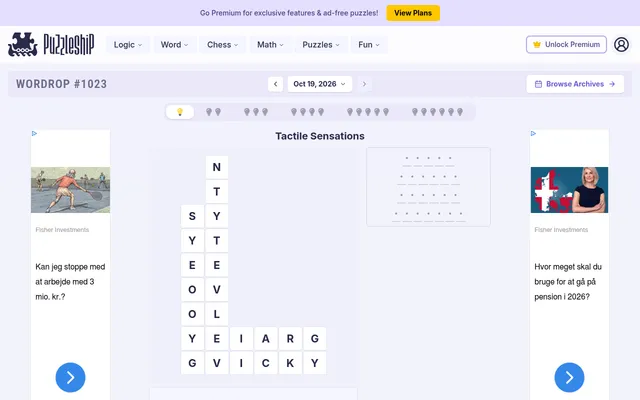Wordrop #1023 for Oct 19, 2026 on desktop: the Tactile Sensations board, letter columns beside four rows of answer blanks, with the six difficulty bulbs above