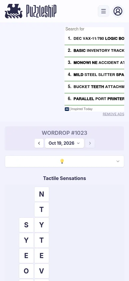 Wordrop #1023 at phone size: the Tactile Sensations letter columns below the date picker, with a display ad above the board