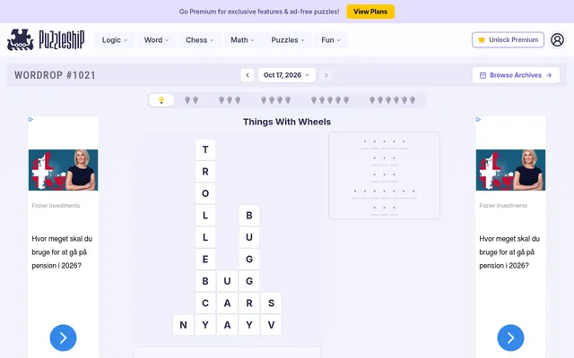 Wordrop #1021 for Oct 17, 2026: the Things With Wheels board, a grid of falling letter columns beside its five rows of answer blanks