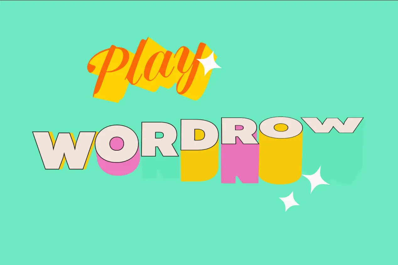 Wordrow title art: the word Play in orange script above WORDROW in 3D letters on a mint background