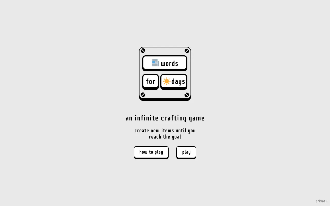 The words for days title screen: the logo as three word tiles, words, for and days, with an infinite crafting game, how to play and play