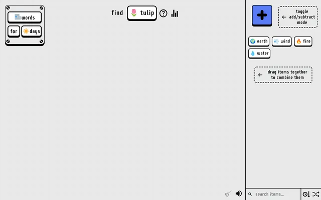 words for days on 18 October 2026: the goal find tulip at the top, an empty grid board, and the starting inventory of earth, wind, fire and water beside the add and subtract toggle