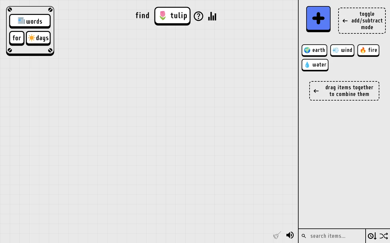 words for days on 18 October 2026: the goal find tulip at the top, an empty grid board, and the starting inventory of earth, wind, fire and water beside the add and subtract toggle