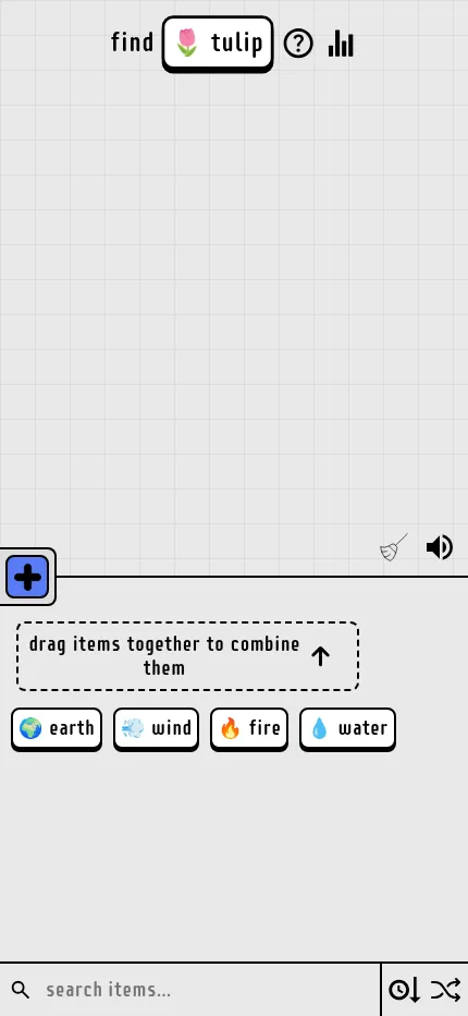 words for days at phone size: find tulip above the board, with the add button and the earth, wind, fire and water items in a panel below