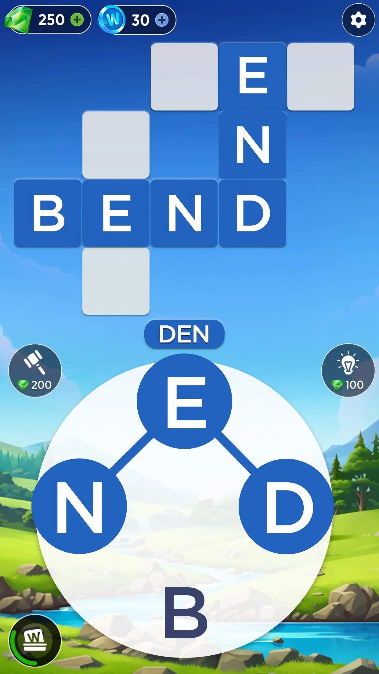 Words of Wonders in play: a letter wheel with E, N, D and B below a crossword grid with BEND and END filled in