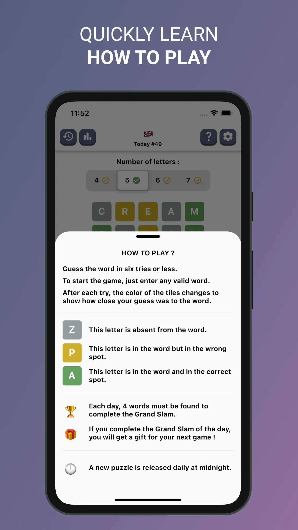 Words Puzzle - Daily how to play panel explaining the tile colours, the four word Grand Slam and the new puzzle at midnight