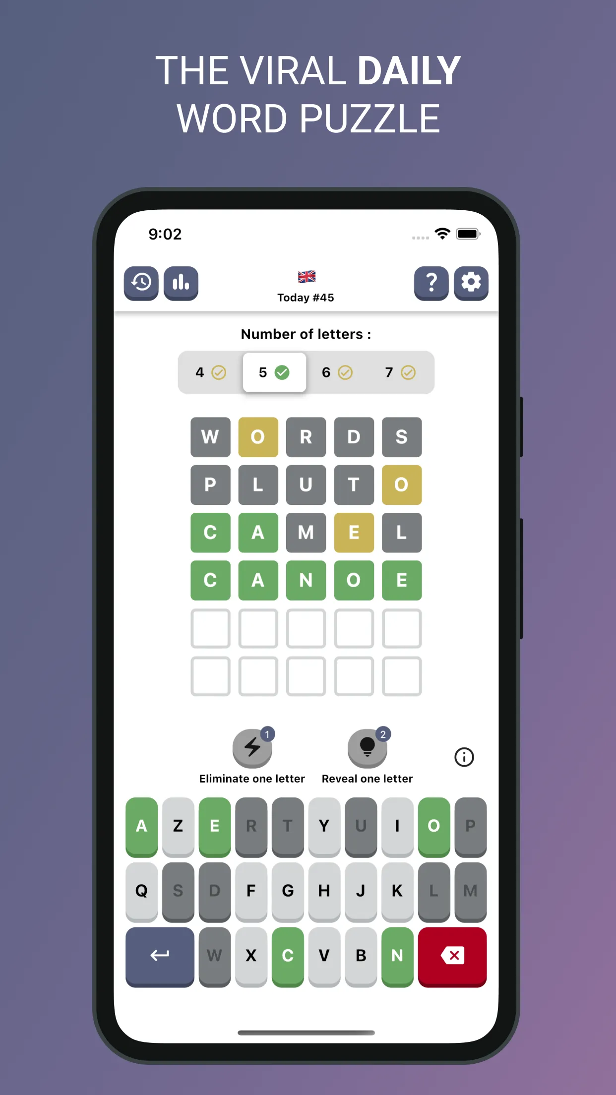 Words Puzzle - Daily store screenshot: the day's 5 letter word solved on the fourth try, CANOE in green tiles, with the hint buttons and keyboard below