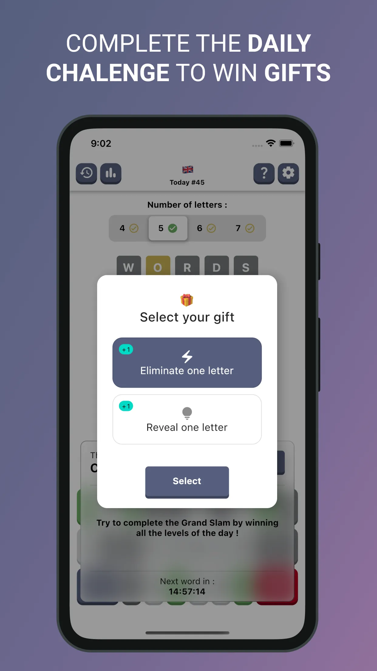 Words Puzzle - Daily gift screen after the Grand Slam, offering an extra Eliminate one letter or Reveal one letter hint