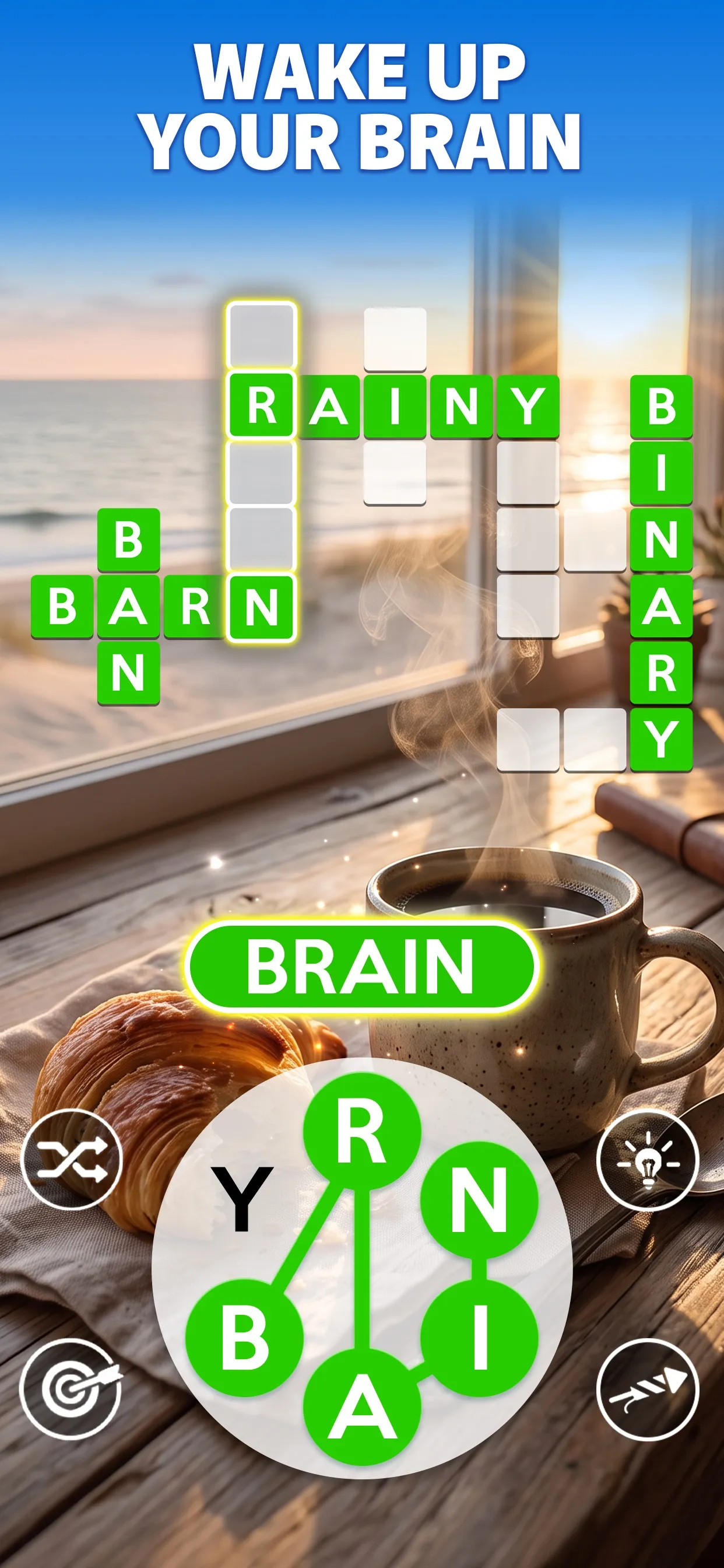 Wordscapes on a phone: a letter wheel spelling BRAIN above a crossword grid with RAINY, BARN and BINARY