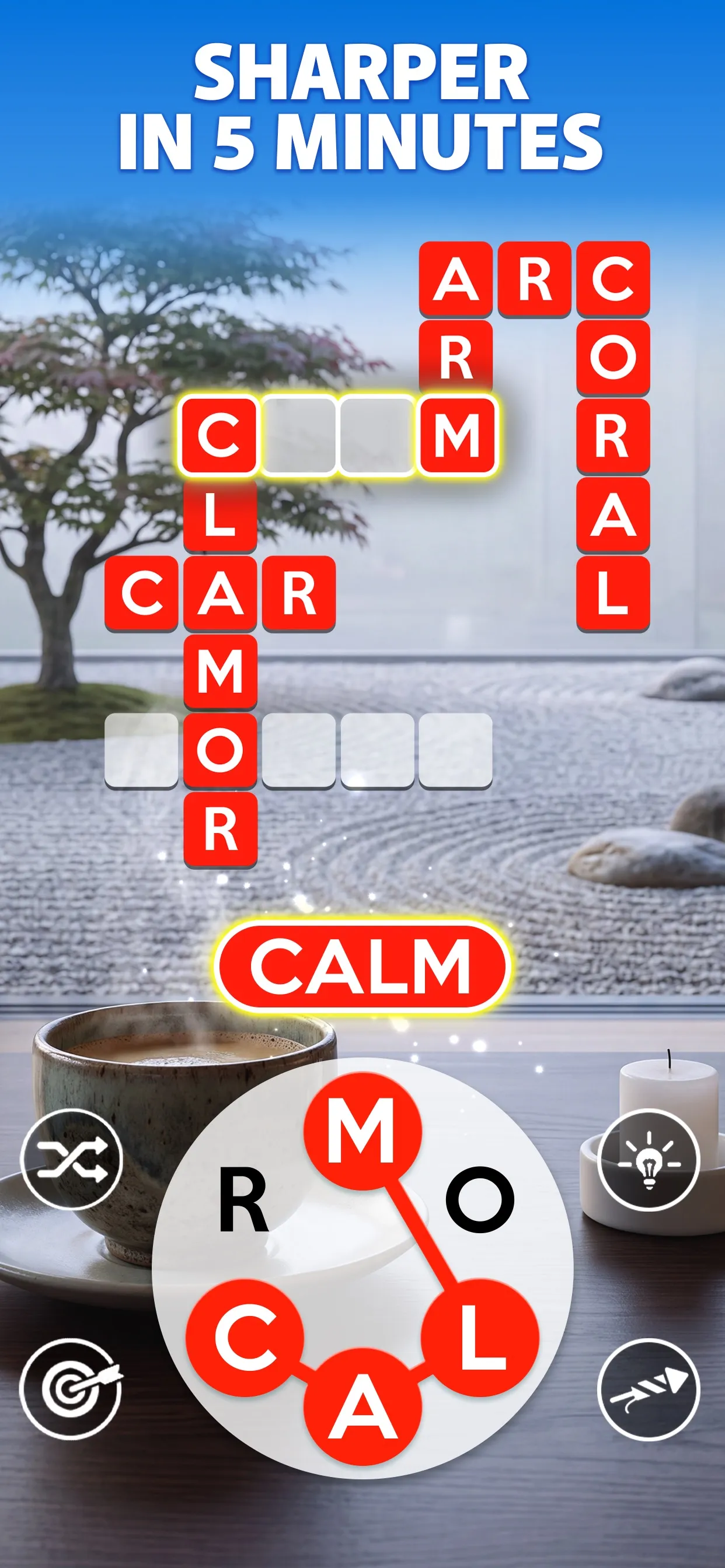 Wordscapes App Store screenshot: a letter wheel of M, O, L, A, C and R spelling CALM, with CLAMOR, CORAL, ARM and ARC in red tiles on a crossword grid over a zen garden