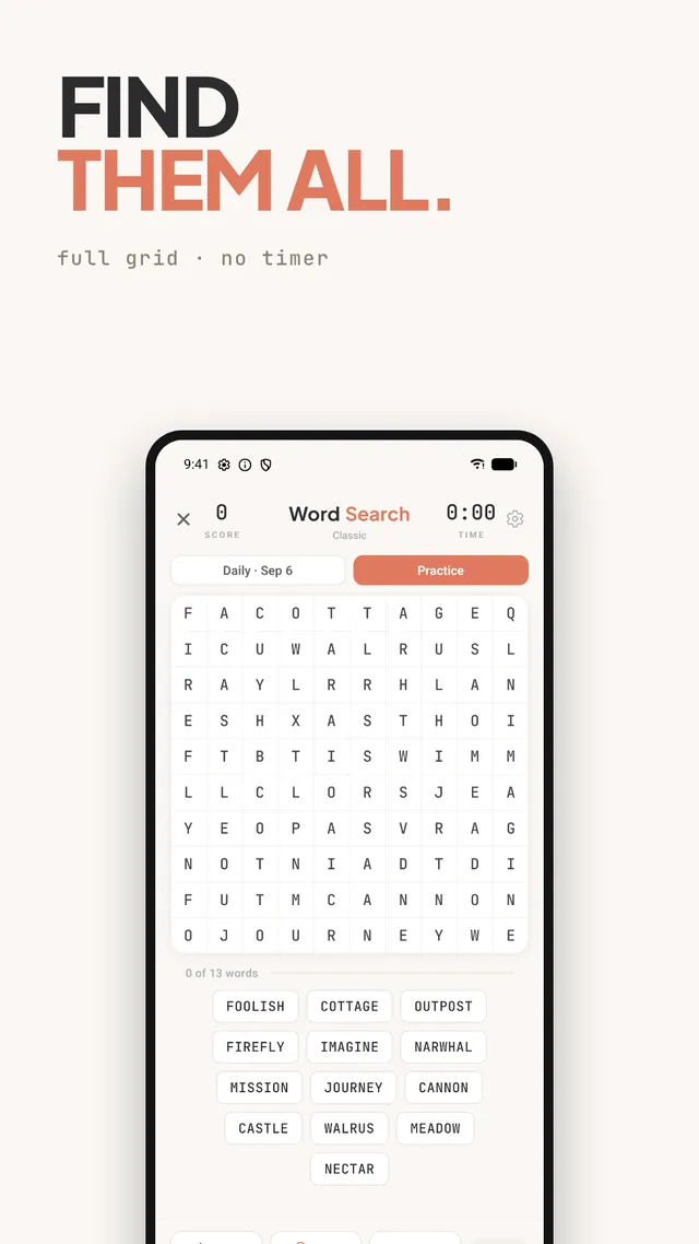 Wordsearch - Daily Puzzles store screenshot: a Daily Classic letter grid for Sep 6 with its list of 13 words to find