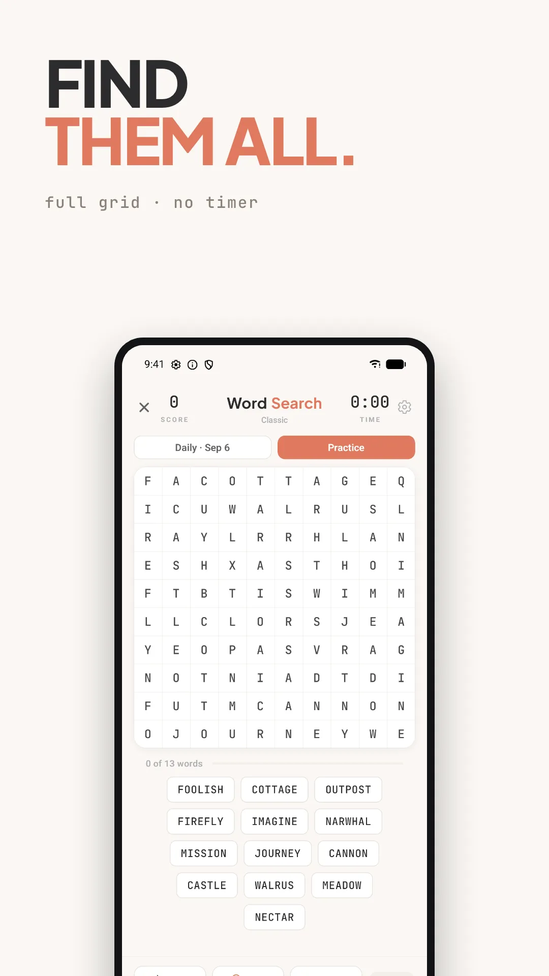Wordsearch - Daily Puzzles store screenshot: a Daily Classic letter grid for Sep 6 with its list of 13 words to find