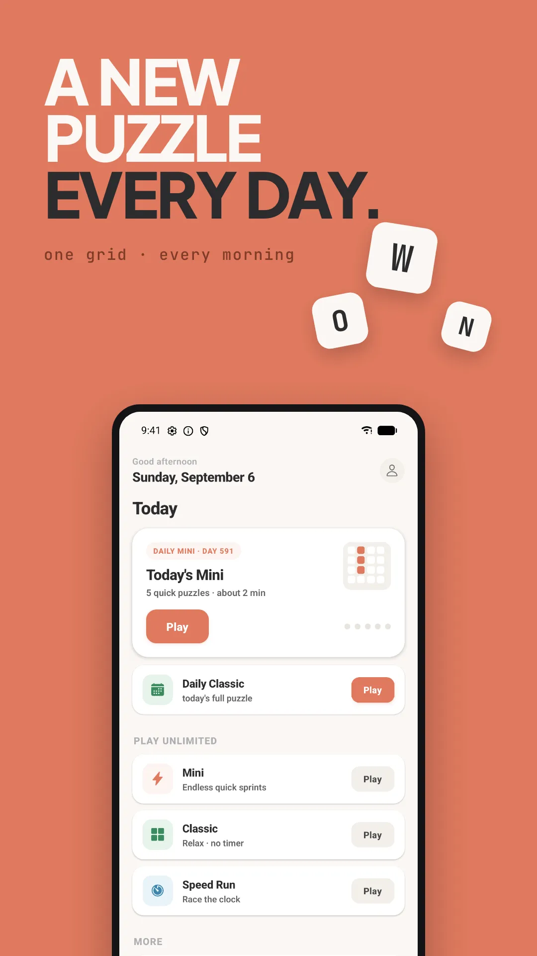 Wordsearch - Daily Puzzles home screen showing Today's Mini, the Daily Classic and the unlimited modes