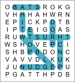 An example PuzzleMadness Wordsearch grid with some words highlighted and others still to find